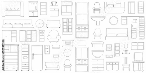 Collection of hand drawn outline furniture and home decor items on a white background