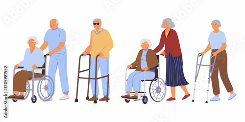 Diverse group of elderly people with mobility aids including wheelchairs and walkers receiving care and assistance