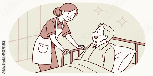 Cheerful nurse helping an elderly man with limited mobility rise from bed.
