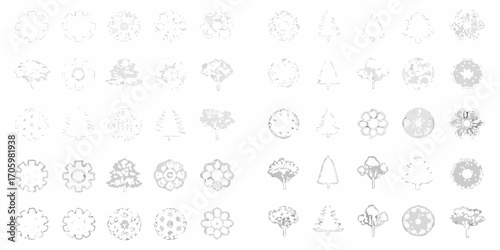 Collection of various tree icons and symbols in a top down view and side view for architectural design