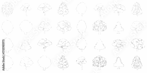 Wallpaper Mural Collection of diverse stylized tree outlines in varying shades of gray against a white background Torontodigital.ca