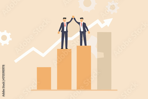 Two businessmen celebrating success on a rising bar chart with an upward arrow and gears