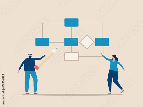 Two people collaborate to create a flowchart diagram with a large pencil and hand gestures