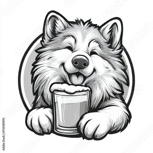 Happy husky dog joyfully holding a beer mug on a white background with copy space