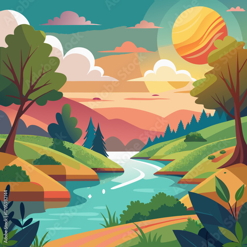 Serene river flowing through lush green valley under a warm sunset, evoking peace and tranquility, ideal for nature lovers and landscape enthusiasts, originally a scalable graphic
