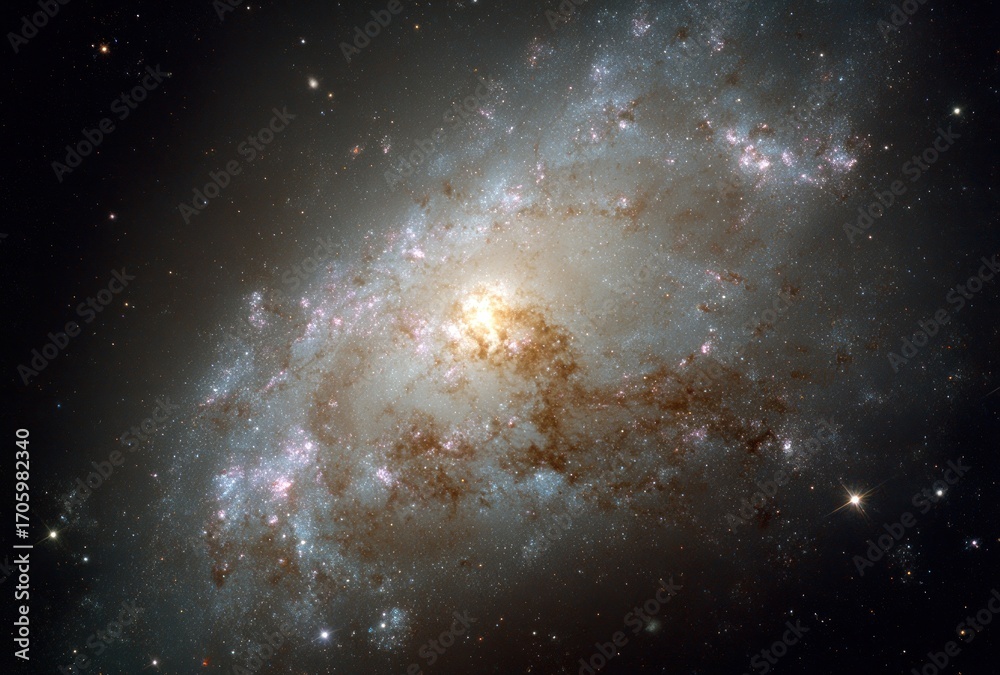 Fototapeta premium A spiral galaxy shines in hues of white, brown, and pale pink, speckled with bright clusters in the dark expanse of space