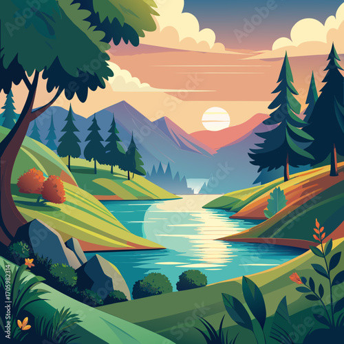 Peaceful sunset over mountain lake, a stunning landscape painting, capturing the serene beauty of nature in a tranquil scene, perfect for travel posters and nature-themed designs