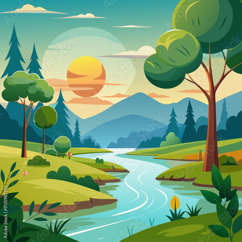 Serene cartoon landscape painting featuring a winding river, lush green meadows, and distant mountains under a warm sunset glow, creating a peaceful and inviting scene