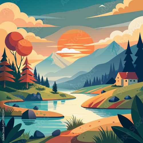 Stunning vector art of a serene landscape with mountains, forests and a river at sunset, perfect for travel posters, nature publications or promotional materials for outdoor adventures