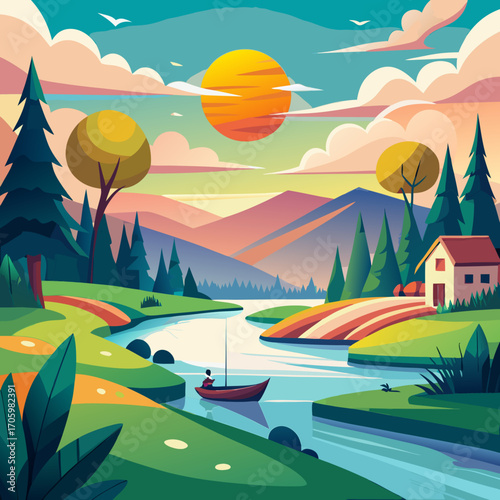 Serene lake escape with a lone fisherman enjoying the sunset, surrounded by lush green trees, mountains, and a cozy cabin, perfect for travel, leisure, and outdoor adventure