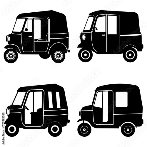 Four black and white auto rickshaw illustrations in varying styles and perspectives on a white background