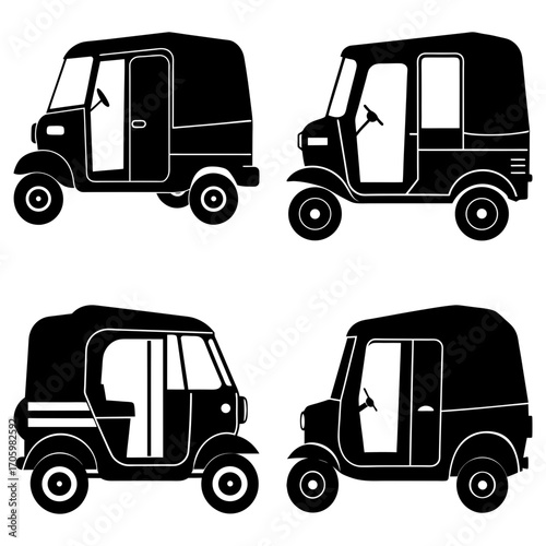 Four black and white auto rickshaw illustrations in different styles and orientations on a white background