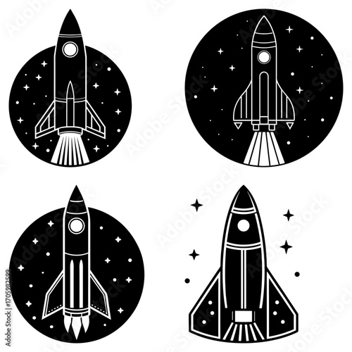 Four different rocket ship designs in black and white with space backgrounds and star details shown