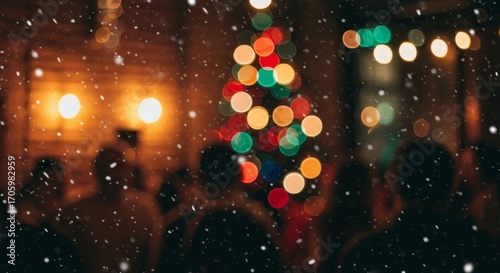 Celebrating Winter Snowy Night with Bokeh Lights and Gathering