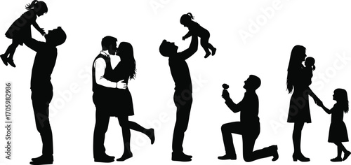 Family love and bonding silhouette scenes with parents, children, and couples expressing affection, care, proposal, and emotional connection