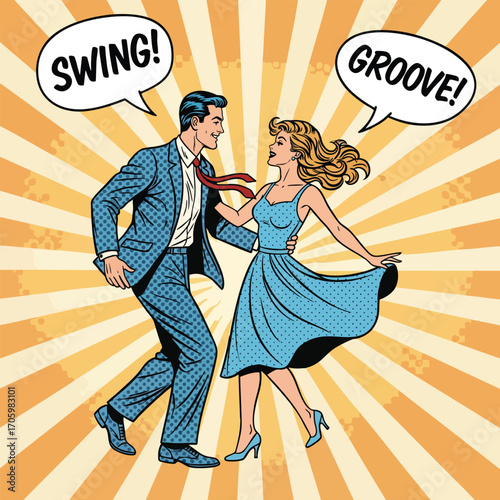 A retro pop art illustration of a couple in vintage attire swing dancing with Swing and Groove speech bubbles.