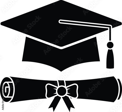 Graduation cap and diploma silhouette vector in black and white minimalist design symbolizing academic achievement and educational success