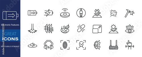 Set of 21 electronic feature icons including battery, charging, waterproof, wireless, sound, display, and connectivity. Perfect for electronics, e-commerce, and tech design.