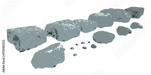A collection of various sized grey rocks and pebbles arranged on a white background