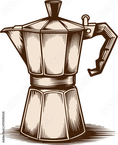 Classic Italian moka pot illustration in a detailed vintage woodcut engraving style