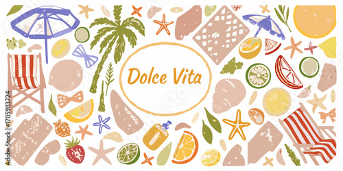 Dolce vita summer beach vacation lifestyle elements with fruits and beach chairs