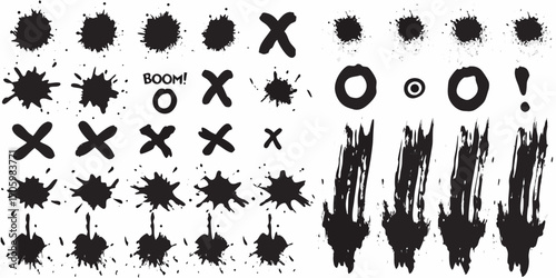 Collection of black ink splatters crosses circles and exclamation marks on white background