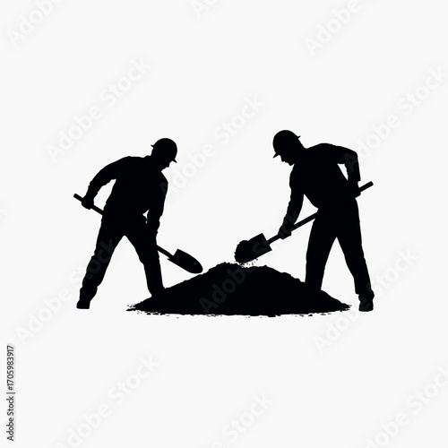 Two construction workers silhouettes digging dirt with shovels on white background vector