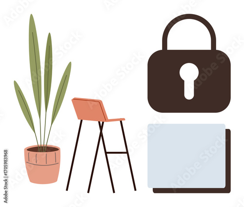 Modern chair with tall potted plant, security lock symbol, and rectangular item representing safe storage. Ideal for security, privacy, decor, design, modernity minimalism organization. Simple flat