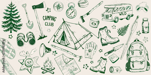 Collection of hand drawn camping gear and outdoor adventure elements with camping club text