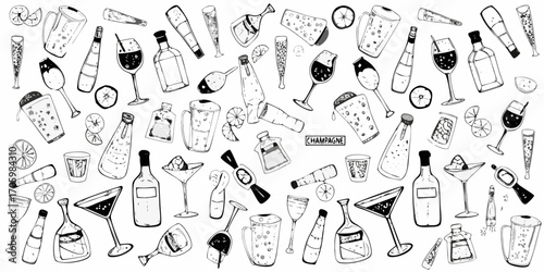 A whimsical hand drawn collection of alcoholic beverages and party drinks scattered across a white background