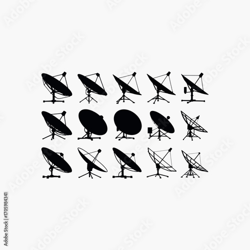 Collection of black satellite dish silhouettes on a white background antenna communication