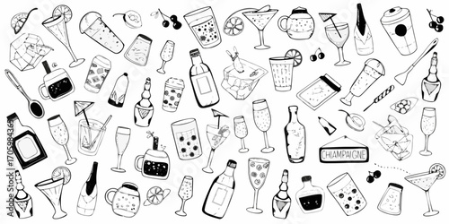 Collection of hand drawn black and white illustrations of various drinks and bar accessories