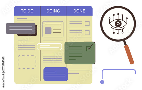 Kanban board columns labeled TO DO, DOING, and DONE display tasks, statuses, and notes. Magnifying glass with a digital eye emphasizes analytics. Ideal for workflow, productivity, project management