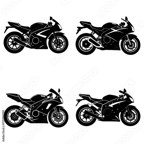Four black silhouette motorcycles with fairings and visible exhaust systems arranged symmetrically on white