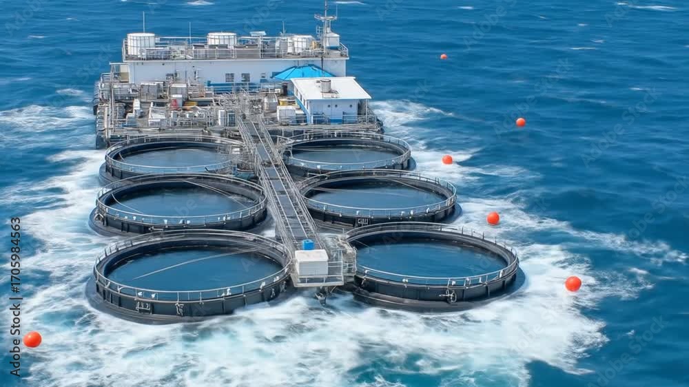 Fish Farming Platform Stockvideon Offshore Aquaculture Sustainable Fish Farming Platform in ...