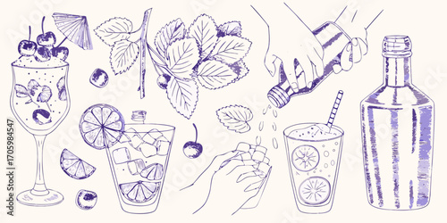 Hand drawn collection of summer drinks and ingredients with cherries mint and citrus fruits