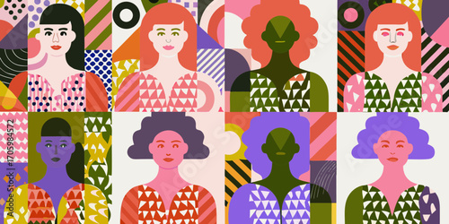 Diverse group of women with colorful abstract geometric backgrounds celebrating individuality and unity