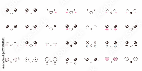 Collection of cute kawaii faces with different emotions and expressions on white background