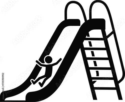 Playground slide silhouette with child sliding down, stick figure illustration for childhood fun, motion, recreation, and vector design concepts