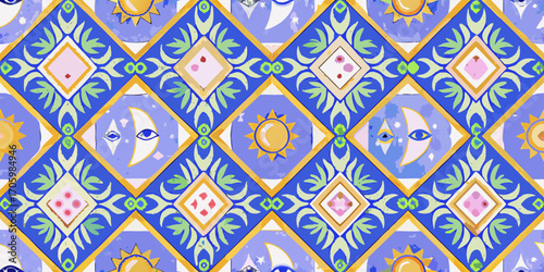 Whimsical celestial pattern with sun moon and eye motifs in blue and yellow diamond shapes