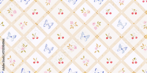 Wallpaper Mural Charming vintage style seamless pattern with delicate butterflies cherries and flowers on a diamond grid background Torontodigital.ca