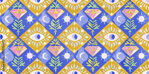 Whimsical celestial pattern with eyes moons suns diamonds and leaves in vibrant colors