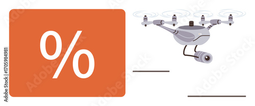 Flying quadcopter equipped with a camera next to a bold percentage icon. Ideal for technology, innovation, discounts, data collection, projections, analytics, surveillance, simple flat metaphor