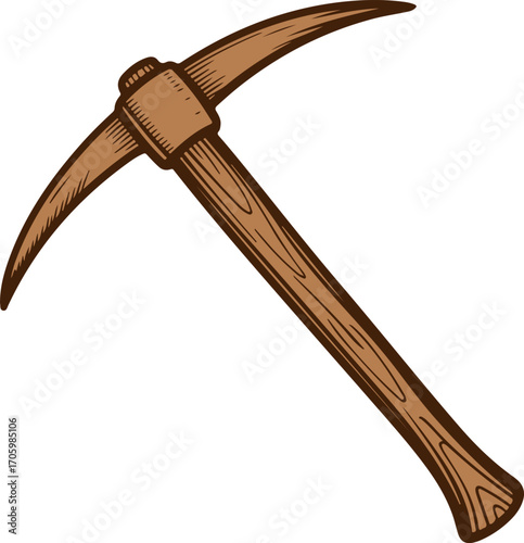 Hand-drawn vintage pickaxe tool for mining and construction work on white background