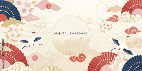 Elegant oriental background with cranes fans flowers and clouds in a traditional japanese art style