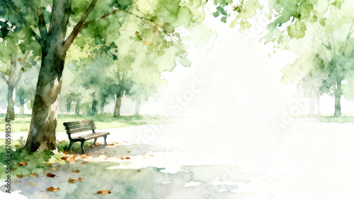 Park Bench and Green Trees in Watercolor Painting