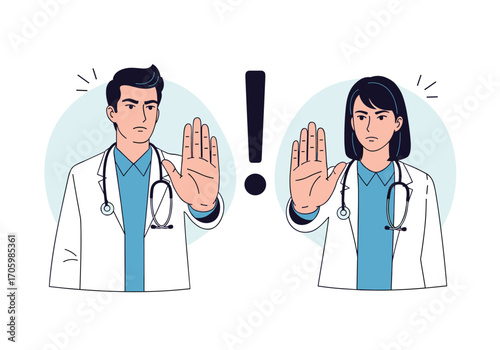 Doctors showing stop hand gesture with exclamation mark.