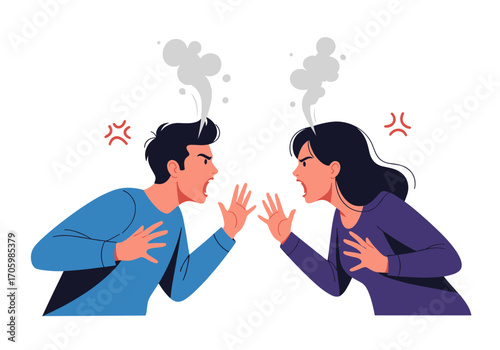 Couple Arguing Angrily with Smoke Coming Out of Heads.