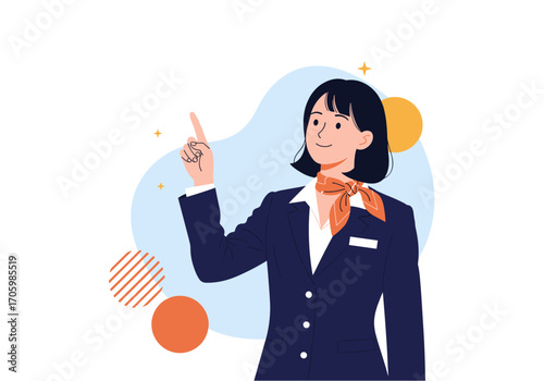Flight attendant pointing upwards with a smile.