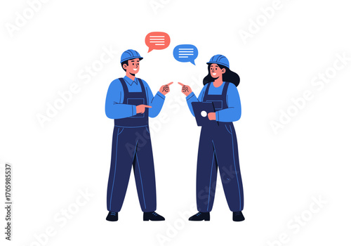 Two construction workers in blue overalls discussing a project with speech bubbles above their heads.